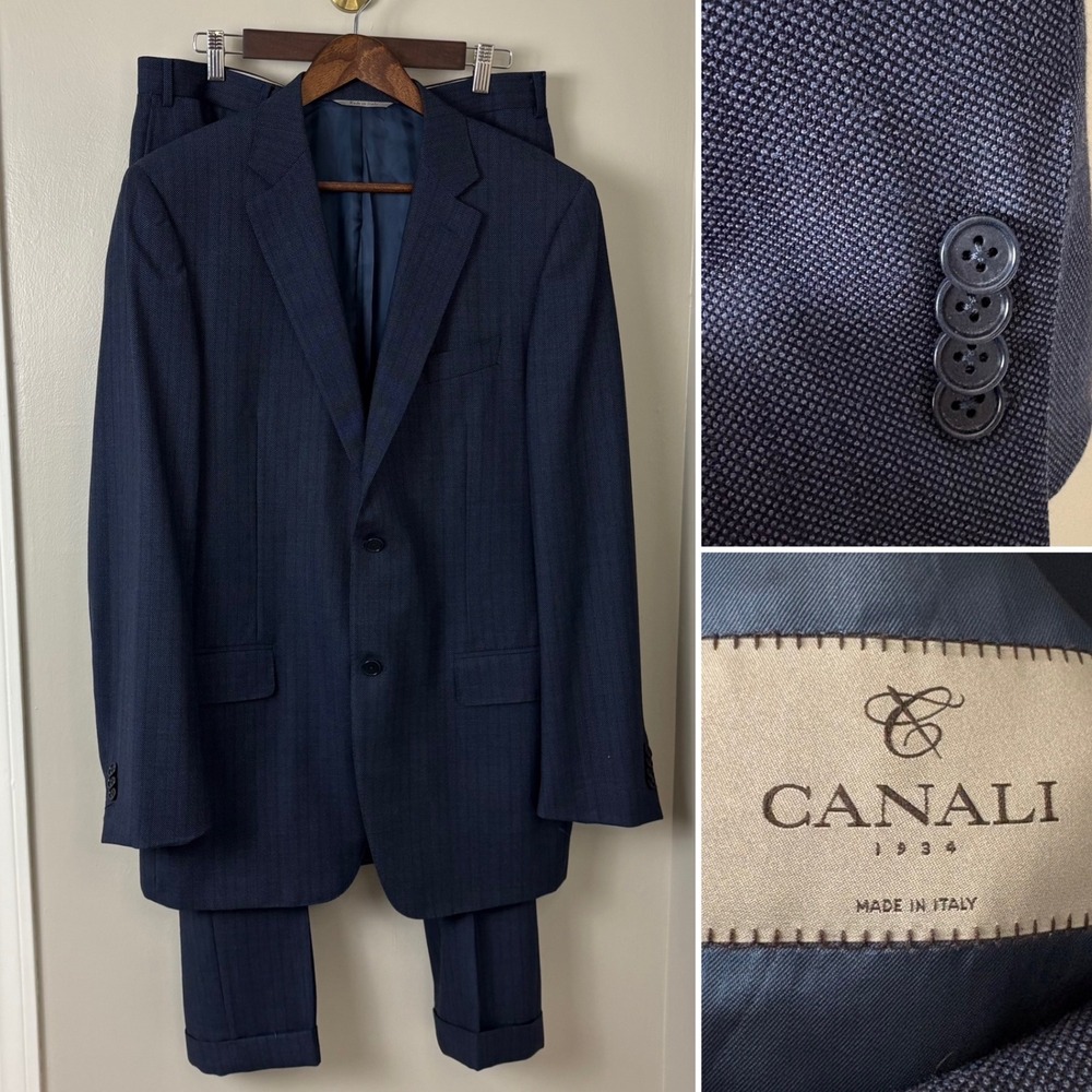 Canali Suit Mens 44L Italian 54L Navy Blue Wool 2B Micro Pattern Formal Office